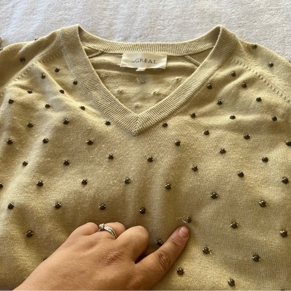 THE GREAT. Neutral Studded Polka Dot V-Neck Cozy Sweater - Picture 8 of 9